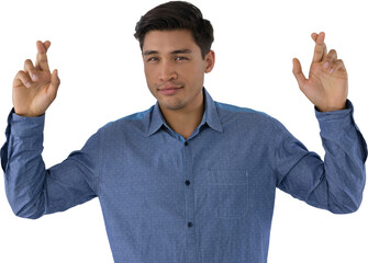 Fototapeta premium Portrait of businessman with fingers crossed 