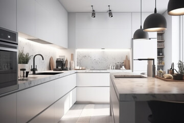 Fototapeta na wymiar Modern kitchen, clean interior design concept. Illustration. Generative AI