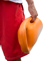 Cropped image of man holding rescue buoy