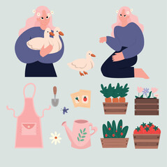 Set Garden and vegetable garden. Caring for plants, the girl takes care of plants and animals. A girl holds ducks, a spring set. Watering can, shovel, Carrot, flowers, vegetables