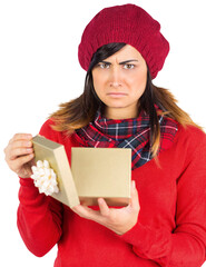 Unhappy brunette opening christmas gift