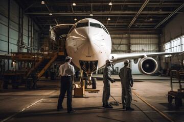 Aeronautical engineers in a hangar and a jetliner in background, high quality generative ai - obrazy, fototapety, plakaty