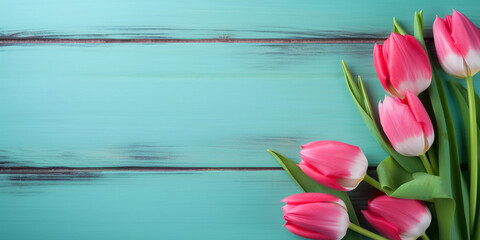 Naklejka na ściany i meble Tulip border with copy space. Beautiful frame composition of spring flowers. Bouquet of pink tulips flowers on turquoise blue vintage wooden background