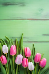 Tulip border with copy space. Beautiful frame composition of spring flowers. Bouquet of pink tulips flowers on green vintage wooden background