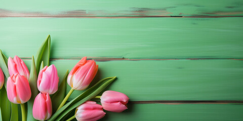 Obraz na płótnie Canvas Tulip border with copy space. Beautiful frame composition of spring flowers. Bouquet of pink tulips flowers on green vintage wooden background
