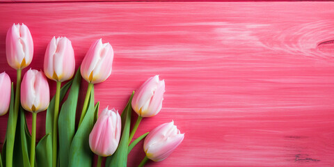 Tulip border with copy space. Beautiful frame composition of spring flowers. Bouquet of pink tulips...