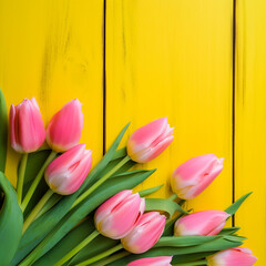 Obraz na płótnie Canvas Tulip border with copy space. Beautiful frame composition of spring flowers. Bouquet of pink tulips flowers on yellow vintage wooden background