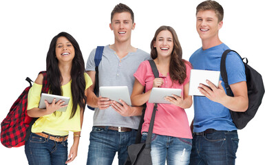 Obraz premium A group of students with tablets and backpacks smiling and looking at the camera
