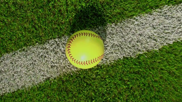 An overhead shot of a softball sitting on the foul line of the outfield grass as the camera rotates – fast.