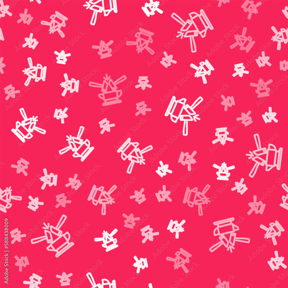 Poster white line blacksmith anvil tool and hammer icon isolated seamless pattern on red background. metal 