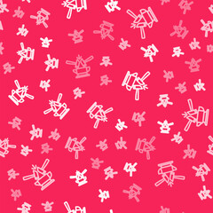 White line Blacksmith anvil tool and hammer icon isolated seamless pattern on red background. Metal forging. Forge tool. Vector
