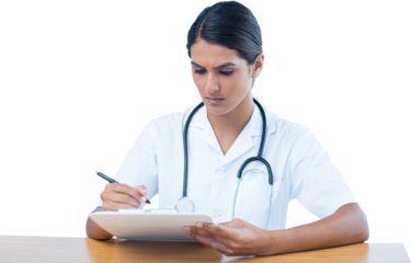 Doctor writing on clipboard while sitting at desk