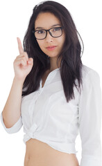 Woman in glasses pointing up