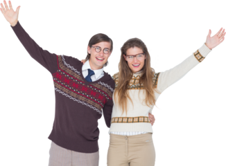 Happy geeky hipster couple embracing