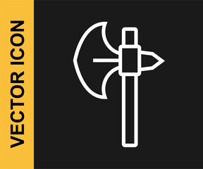 White line Medieval axe icon isolated on black background. Battle axe, executioner axe. Medieval weapon. Vector