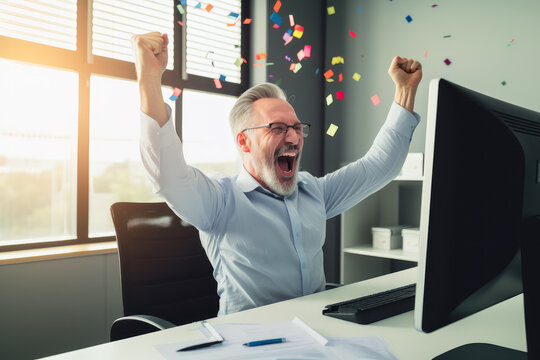a middle aged white office director celebrating in front of a computer monitor , ai generative