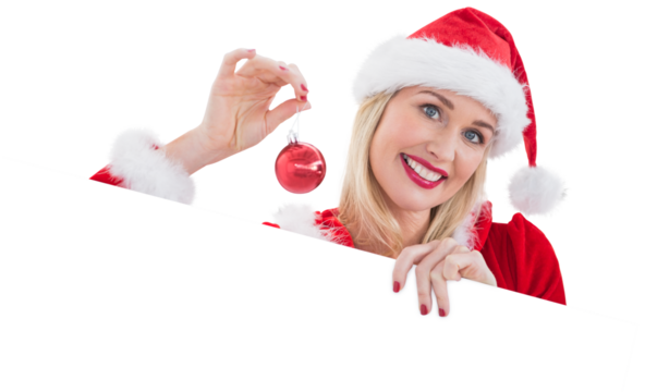 Festive blonde showing white card