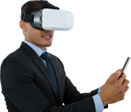 Businessman using tablet while wearing vr glasses - Powered by Adobe