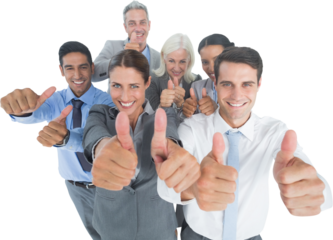 Happy business people looking at camera with thumbs up