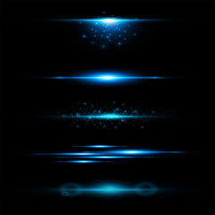 Blue horizontal highlights. Laser beams, horizontal beams of light. Beautiful light reflections. Glowing stripes on a black background. Glowing abstract sparkling background.