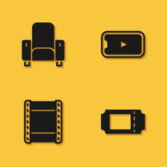 Set Cinema chair, ticket, Play video and Online play icon with long shadow. Vector
