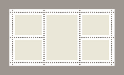 Post stamp is shown alongside blank frames of postage stamps. Empty postal shapes border set included, with a collection of paper postmarks suitable for mailing letters. Vector illustration