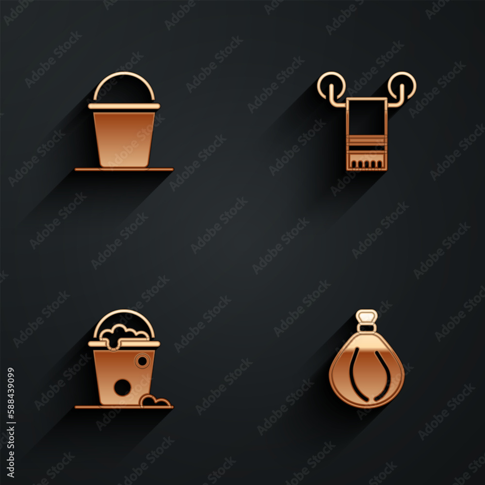Poster set bucket, towel on hanger, with foam and bubbles and garbage bag icon with long shadow. vector
