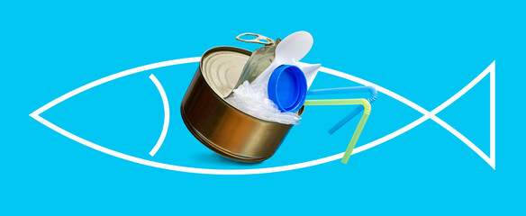 The concept of environmental pollution. An open can with garbage instead of fish on a blue background. Plastic pollution of the ocean and fresh water. Banner. Copy space.