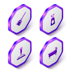 Set Isometric Dustpan, Cleaning spray with detergent, Rubber cleaner for windows and Bathtub icon. Purple hexagon button. Vector
