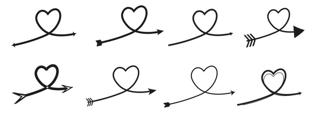 Black hand drawn heart with arrow symbol line art illustration vector, isolated on white background