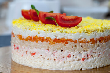 traditional salad with crab meat replacement decorated for the holiday