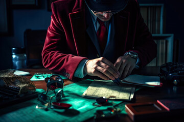 A private detective solving mysterious puzzles while working in a dark room, ai generative