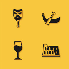 Set Carnival mask, Coliseum, Wine glass and Gondola boat icon with long shadow. Vector