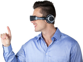 Happy handsome man wearing virtual reality simulator