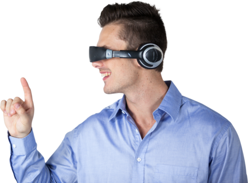 Happy handsome man wearing virtual reality simulator