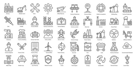 Factory Thin Line Icons Production Machine Industry Iconset in Outline Style 50 Vector Icons in Black