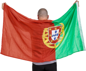 Rear view of man holding Portugal flag