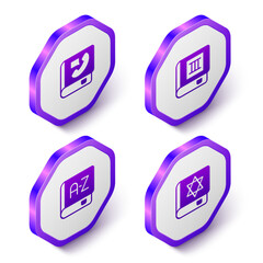 Set Isometric Phone book, Book, Translator and Jewish torah icon. Purple hexagon button. Vector