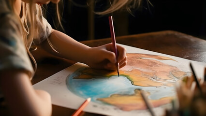 Fototapeta premium Girl coloring a drawing of planet earth with a pencil. Generative ai.