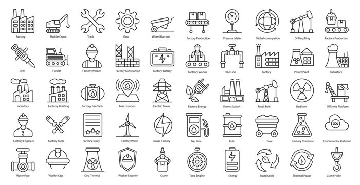 Factory Thin Line Icons Production Machine Industry Iconset in Outline Style 50 Vector Icons in Black