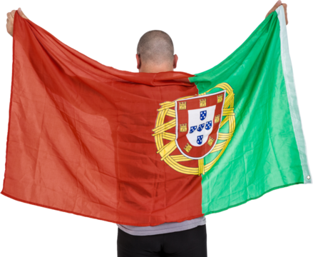 Rear view of man holding Portugal flag
