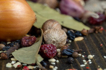 nutmeg and other spices mixed on the table