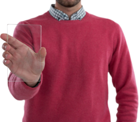 Mid section of man holding glass mobile phone