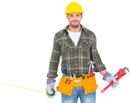 Manual worker holding various tools 