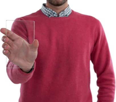 Mid section of man holding glass mobile phone