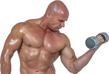 Fototapeta na wymiar Bodybuilder concentrating while lifting dumbbells