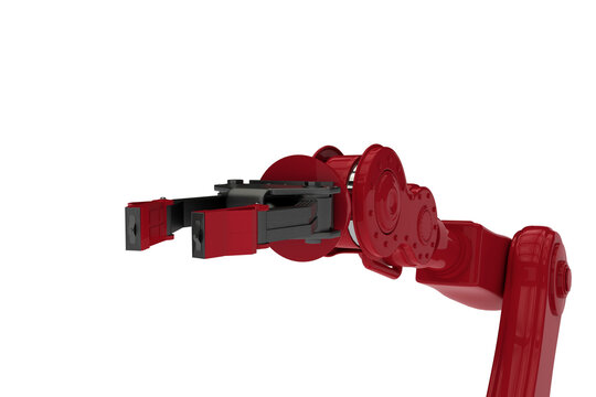 Red robot arm with black claw