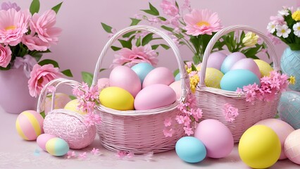 Basket with eggs and flowers, Easter eggs, colored eggs.