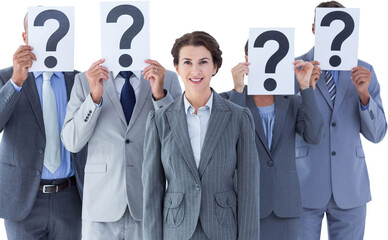 Business colleagues hiding their face with question mark sign