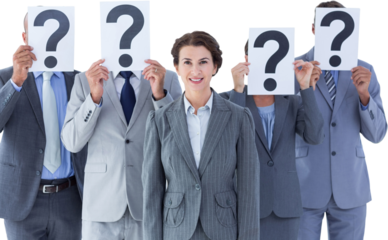 Business colleagues hiding their face with question mark sign